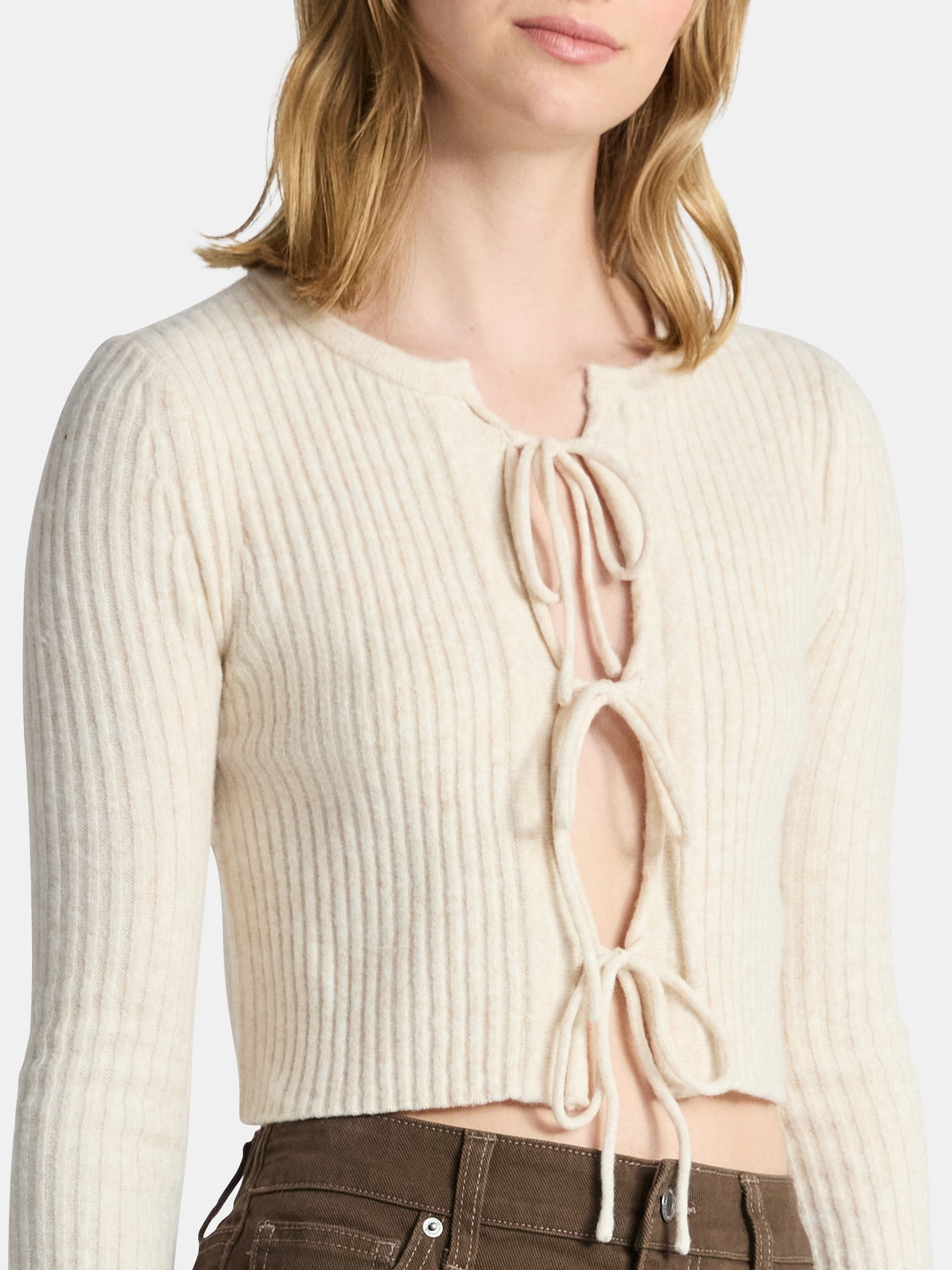 No Boundaries Bow-Tie Ribbed Cardigan, Women's