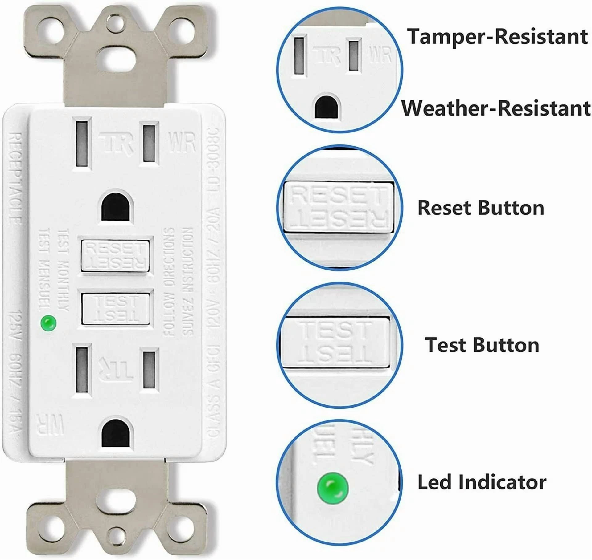 Gfi Outlet 15 Amp Gfci Receptacle Tamper Weather Resistant Led Indicator W/Plate