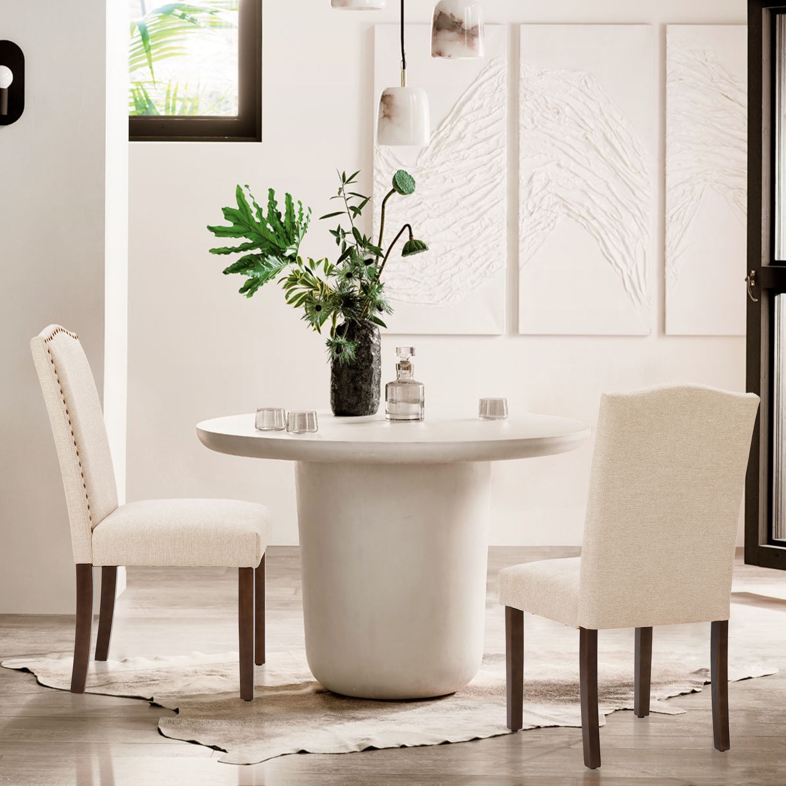 JOINSUN Set of 4 Home Dining Chairs, Parsons Back with Nailhead Trim and Wood Legs, Linen, Beige