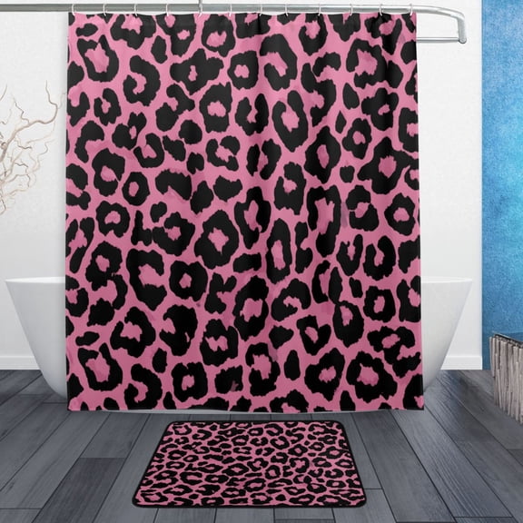 TTYFWHD 60" x 72" Shower Curtain and Bath Mat Set Vibrant Pink Black Leopard Pattern Waterproof Bathroom Curtain with 12 Hooks, Bathroom Decor Set