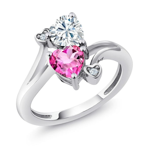 Gem Stone King 925 Sterling Silver White Moissanite Pink Mystic Topaz Ring for Women (1.78 Cttw, Heart Shape 6MM, Gemstone Birthstone, Size 5)
