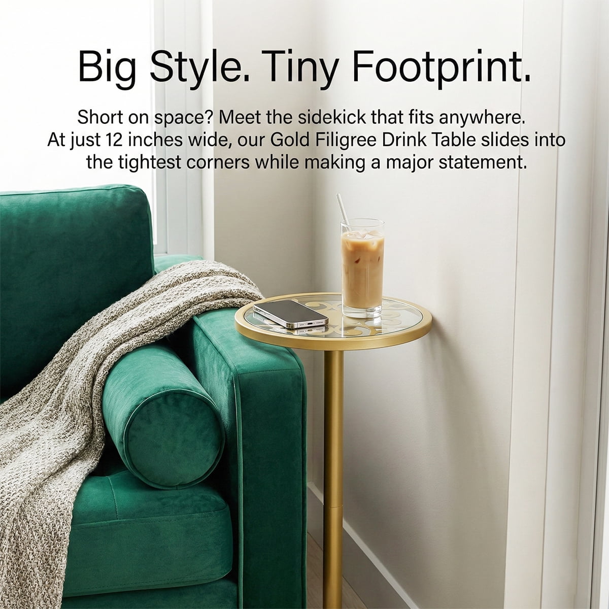 Gold Drink Table, Indoor Outdoor Small Round Side Table with Glass Top & Scroll Design, 24.7" Metal Pedestal End Table for Living Room, Patio, Balcony, Small Spaces, Weather Resistant