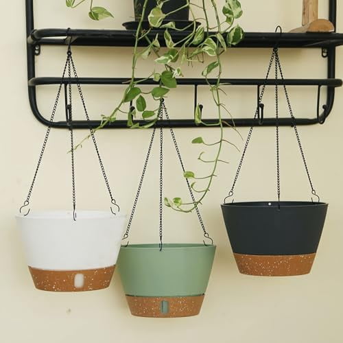 10 Inch Hanging Planters for Outdoor Plants, Hanging Pots for Plants Indoor with Visible Water Level, Hanging Flower Basket with Drainage Holes & Removable Tray(2 Pack, Gray)