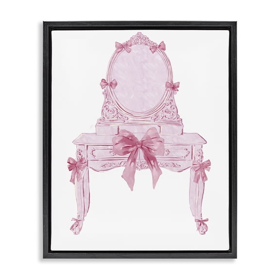 Stupell Industries Lovely Pink Vanity with Bows Fashion Painting Black Floater Framed Canvas Art Print Wall Art, 17 x 21