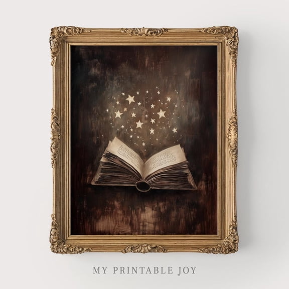 Vintage Style Open Book Poster, Magical Stars, Dark Decor, Gothic Poster Wall Art, Moody Bookish De, Antique Frame Art 293, Size 8x12 UNFFRAMED F03.1.7l1359