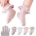 thumbnail image 7 of LYMAYTER 0-12Y Kids Dance Socks Toddler Ruffle Trim Socks Girls Solid Color Eyelet Dress Socks 4 Pack, 7 of 7