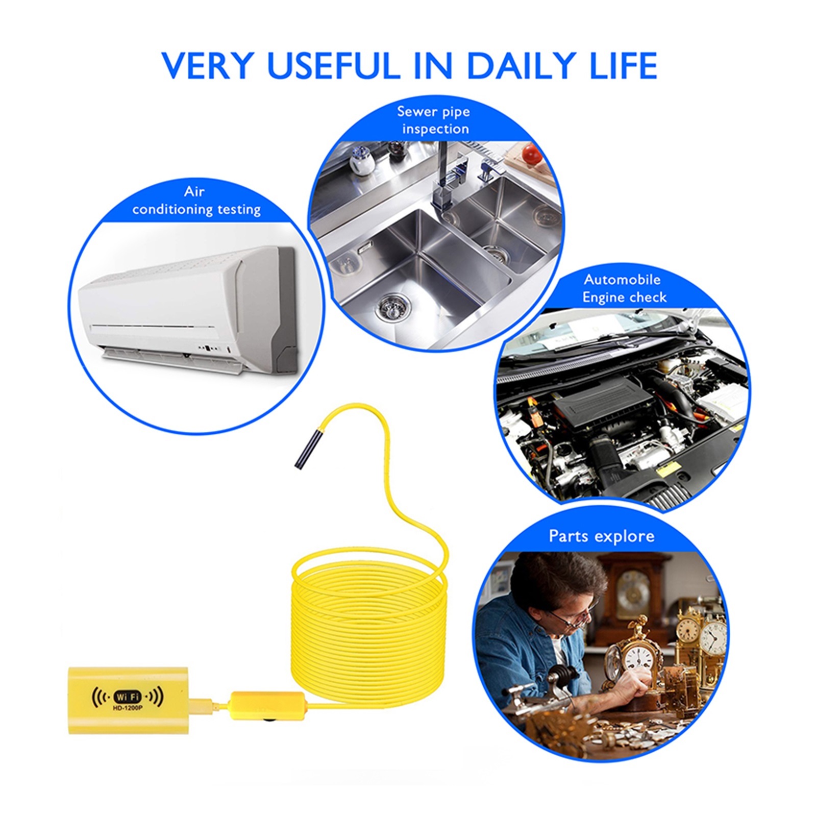 WIFI Endoscope HD1200P 8MM lens Endoscopy Camera Waterproof Inspection Borescope 1m/2m/5m/10m Soft/Hard for smart phone yellow , User-Friendly Borescopes