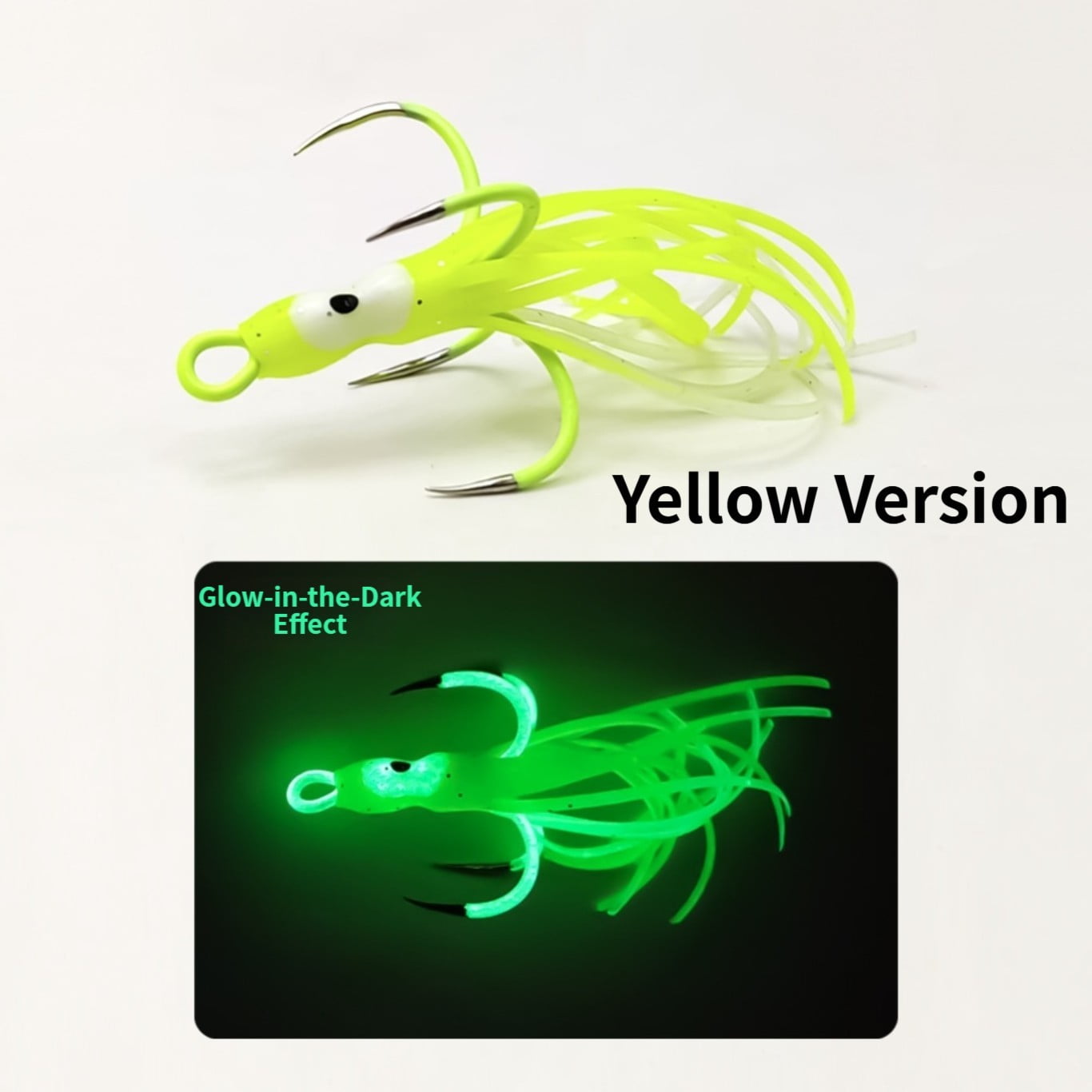 GRIMPEX Glow in for The Dark Silicone Squid Lure with 4 Prong Hooks for Sea Fishing Boat Yellow 16#