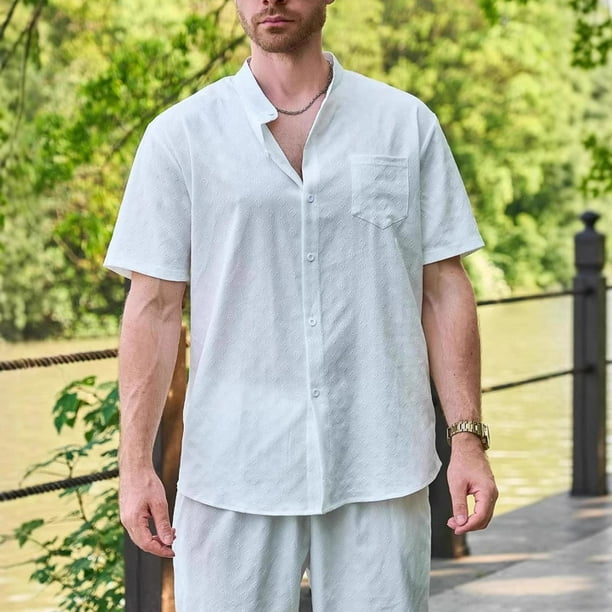 pstuiky Mangas cortas para hombre, Camisa informal de manga corta con cuello alto, cómoda y lisa para hombre camisas casuales para hombre xxl