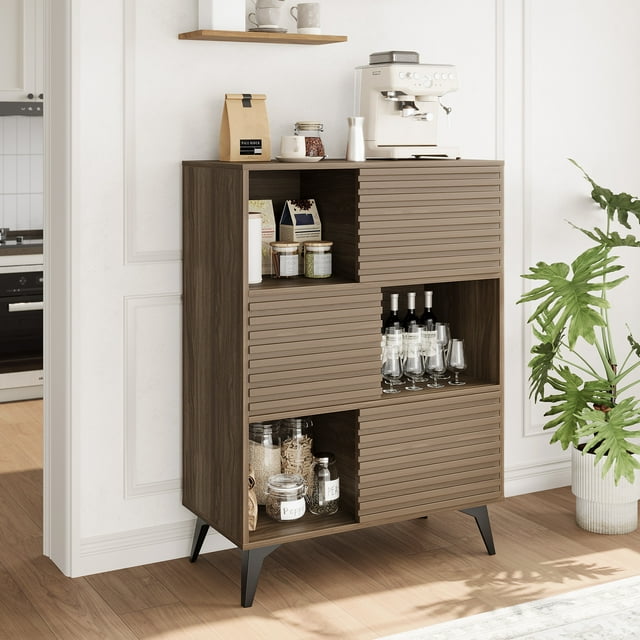 Modern Walnut Fluted Storage Cabinet with Sliding Doors – 3-Tier Sideboard Buffet on Metal Base – Display Stand for Entryway, Dining Room, Living Room – Color: Walnut