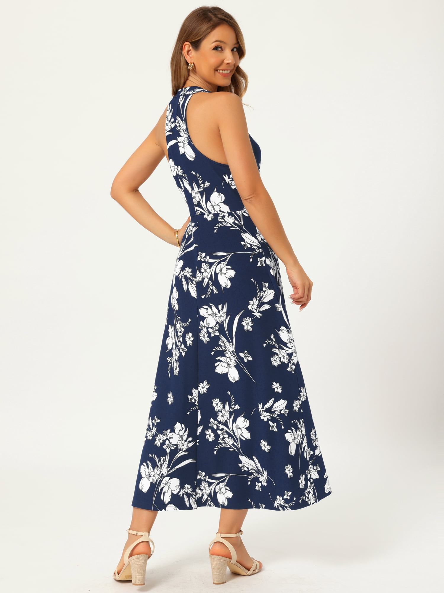 DARING DIVA Women's Halter Sleeveless A-line Maxi Floral Print Casual Sundress M Dark Blue