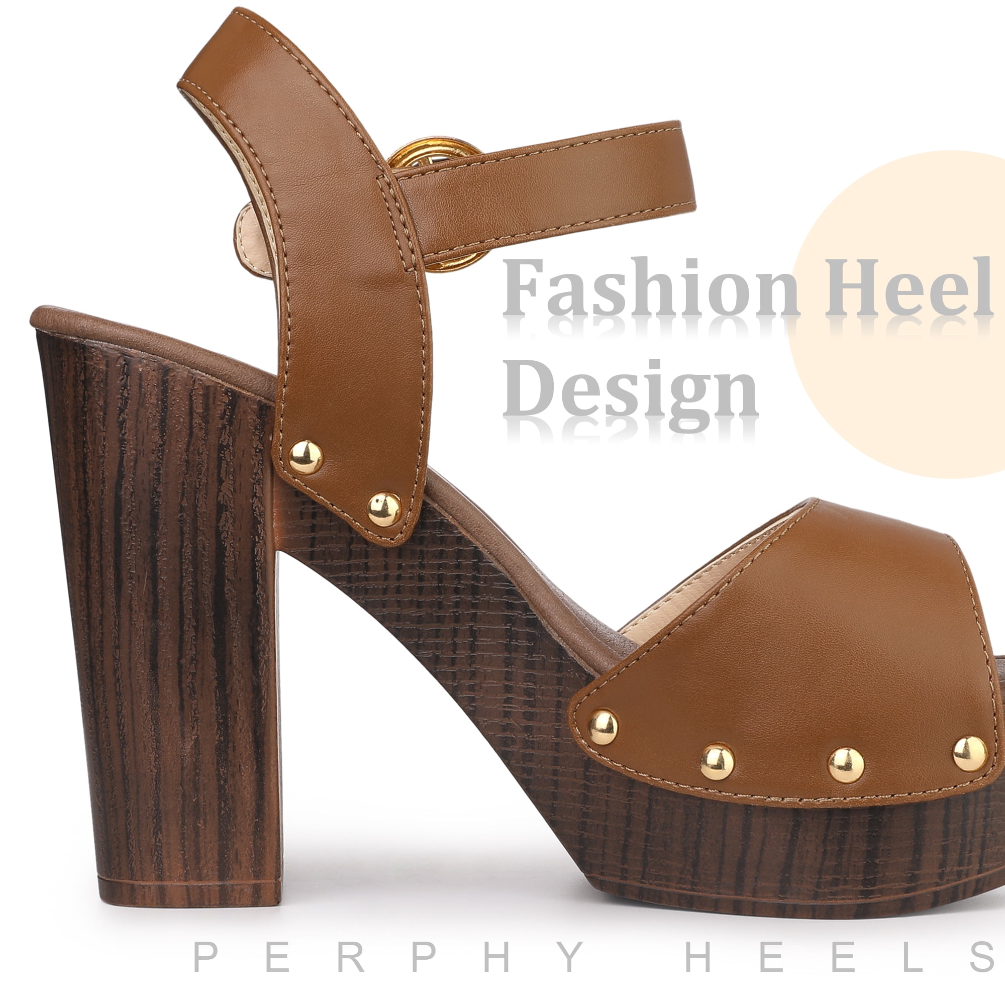 Unique Bargains Platform Buckle Ankle Strap Chunky High Heels Sandals for Women Brown 7