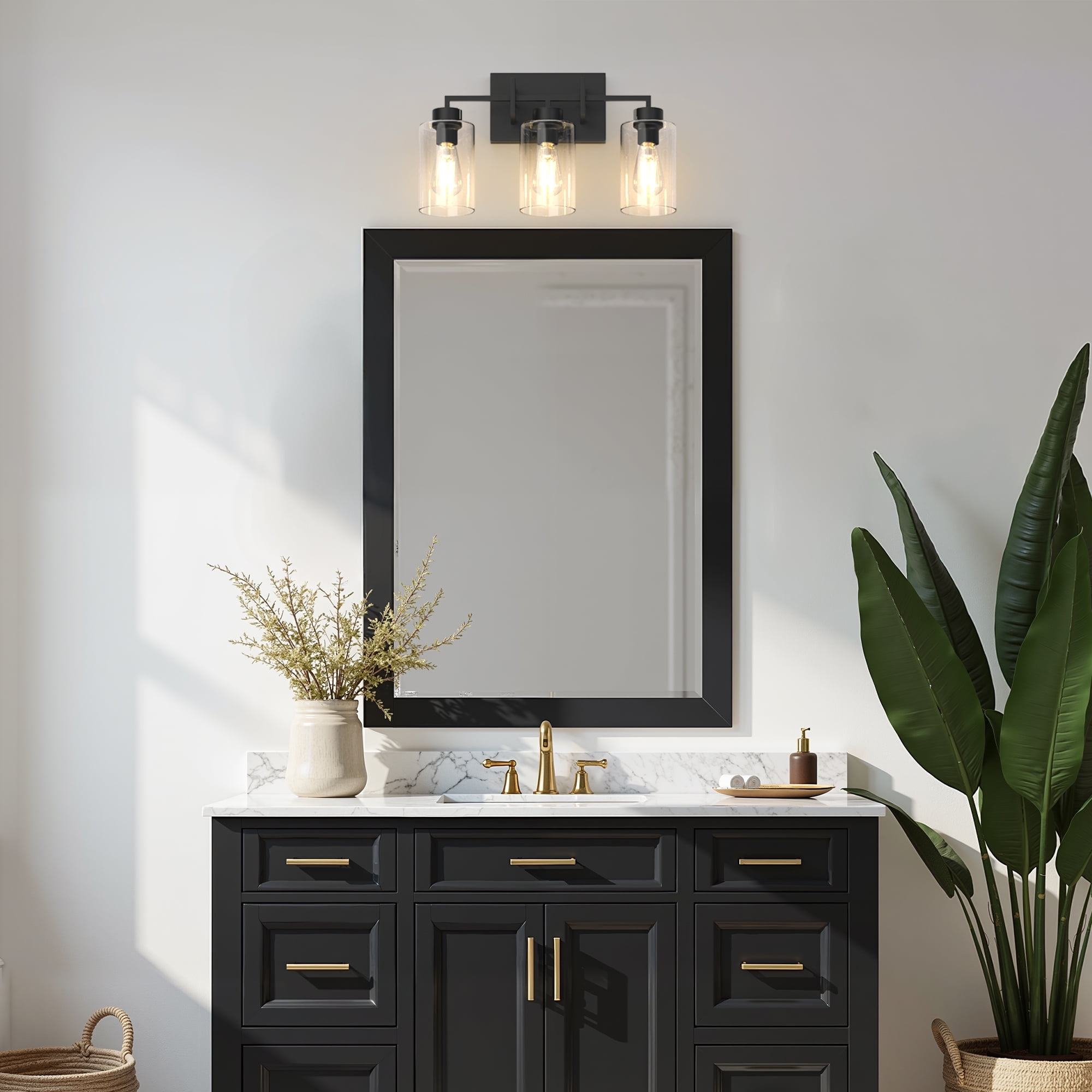 YANSUN 17.71 in 3-Light Black Farmhouse Bathroom Vanity Light with Glass Shades, Vanity Lights for Living Room Bedroom Hallway, E26 Bulb Base