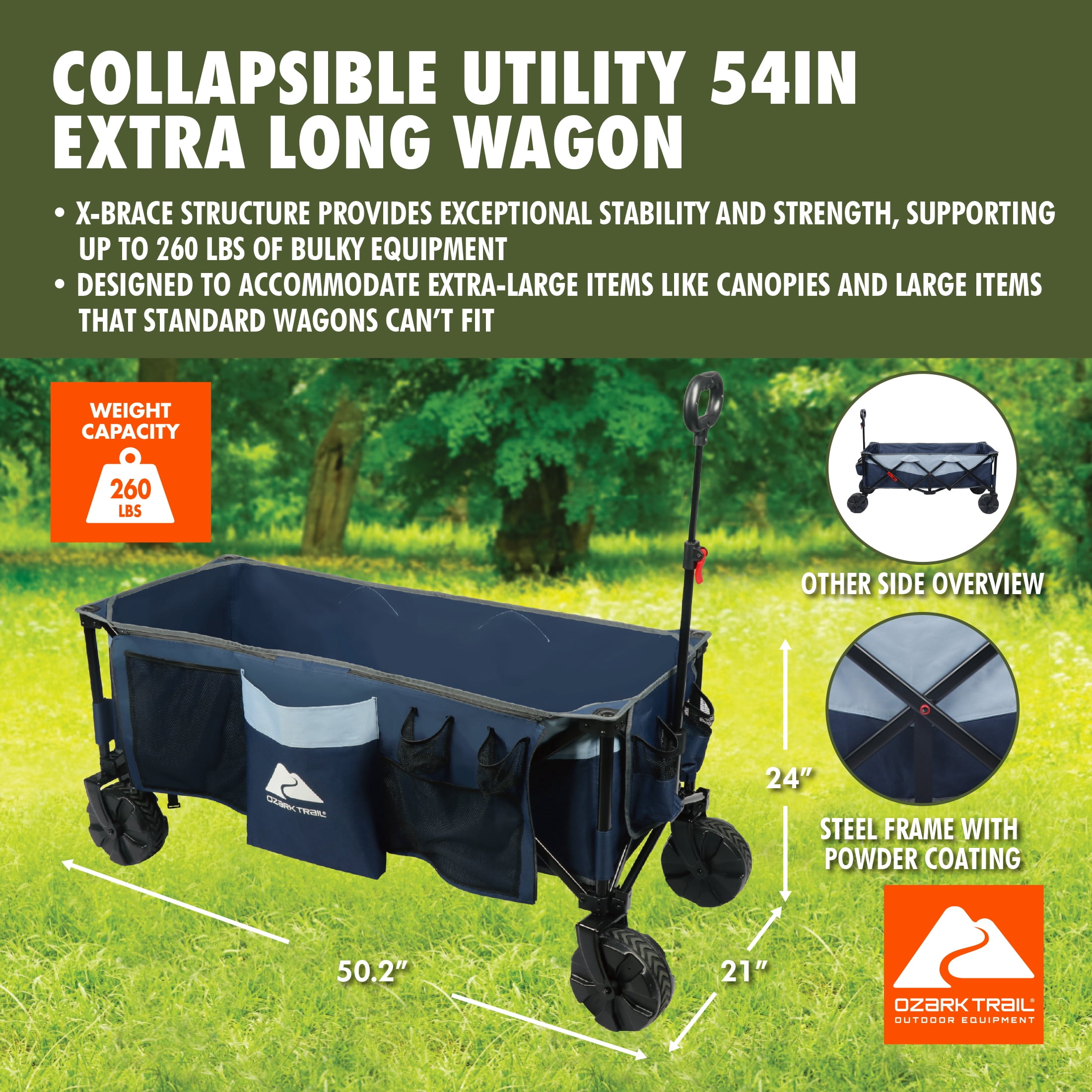 Ozark Trail 54in Extra Long Cart, Collapsible Utility Wagon, Blue