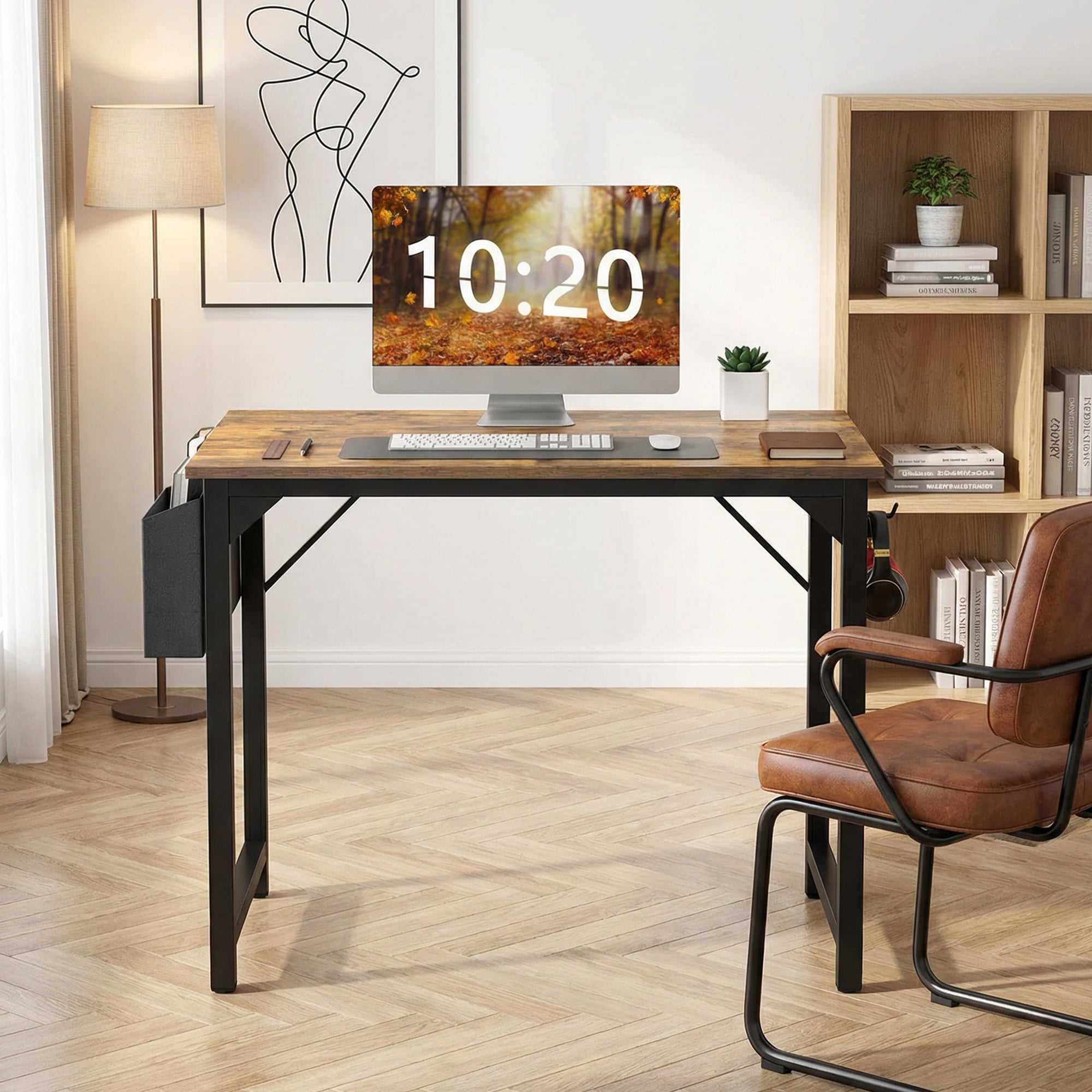 MAYEERTY Office Computer Desk, Fabric Storage Bag, Sturdy Steel Frame & Wooden Tabletop