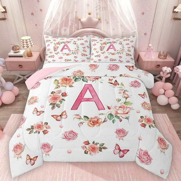 Homewish Letter A Monogrammed Bedding Comforter Set,Cute Cartoon Flower Twin Comforter Sets,Romantic Valentine'S Day Bedding Set For Girls,Microfiber Room Decorative Reversible,2pcs