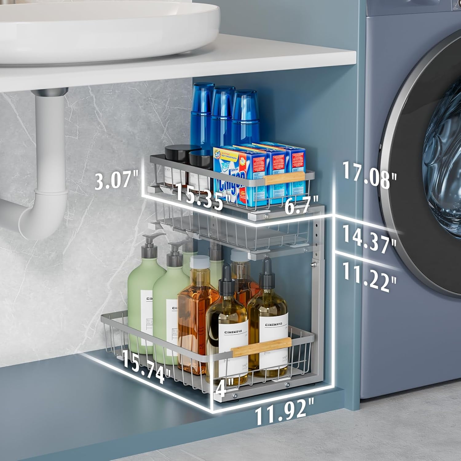 Under Sink Organizers and Storage, 2 Pack Under Kitchen Bathroom Cabinet Organizer, 2 tier pull out cabinet organizer, Adjustable Height Kitchen Cabinet Organizers and Storage, Gray