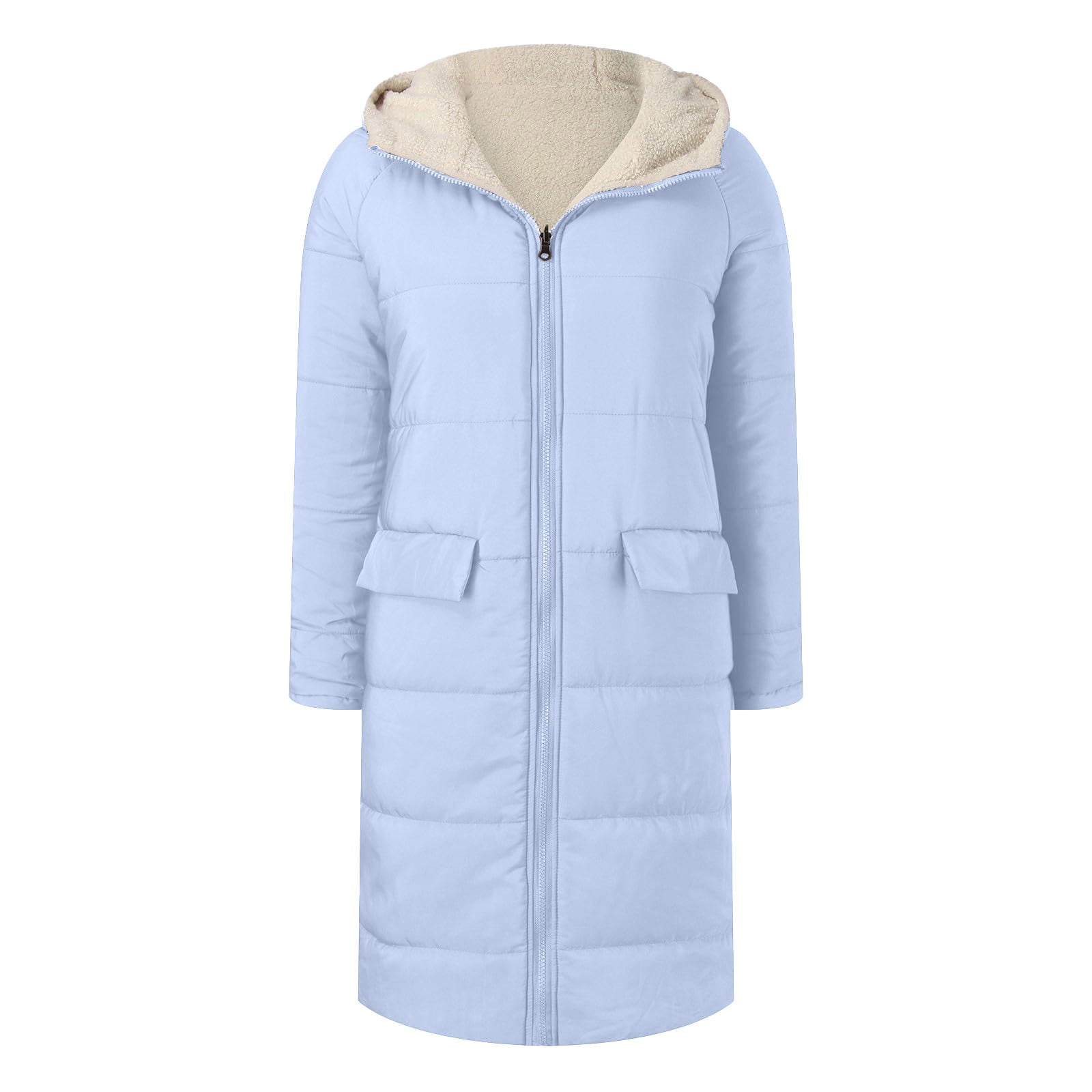 Fleece Jacket Women Long Puffer Coat Women Oversized Reversible Jackets Shearling Hooded Winter Fashion Coat Clothes Light Blue M