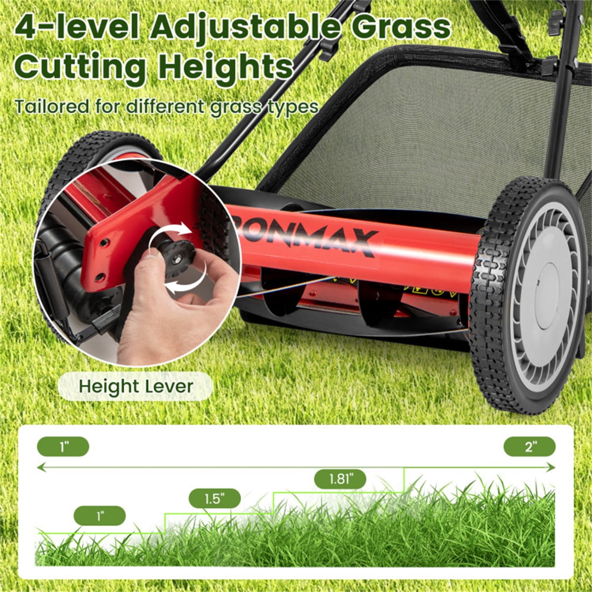 16" Red Push Lawn Mower – 5-Blade Cutting System 7 Gal Grass Catcher Bag & Adjustable Height