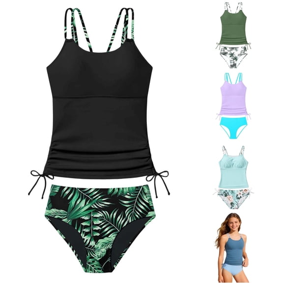 ZXLBBD Girls Bathing Suit Spaghetti Straps Split Tankini Top with Bikini Bottoms Cute Patchwork Color 2 Piece Swimsuit Summer Casual Beach Outdoor,Black,13 Y-14 Y