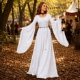 thumbnail image 6 of Renaissance Costume for Women, Medieval Floor-Length Dress with Flowing Batwing Sleeves, Solid Color Gown for Halloween Party and Stage Performance, White, Size L, 6 of 6