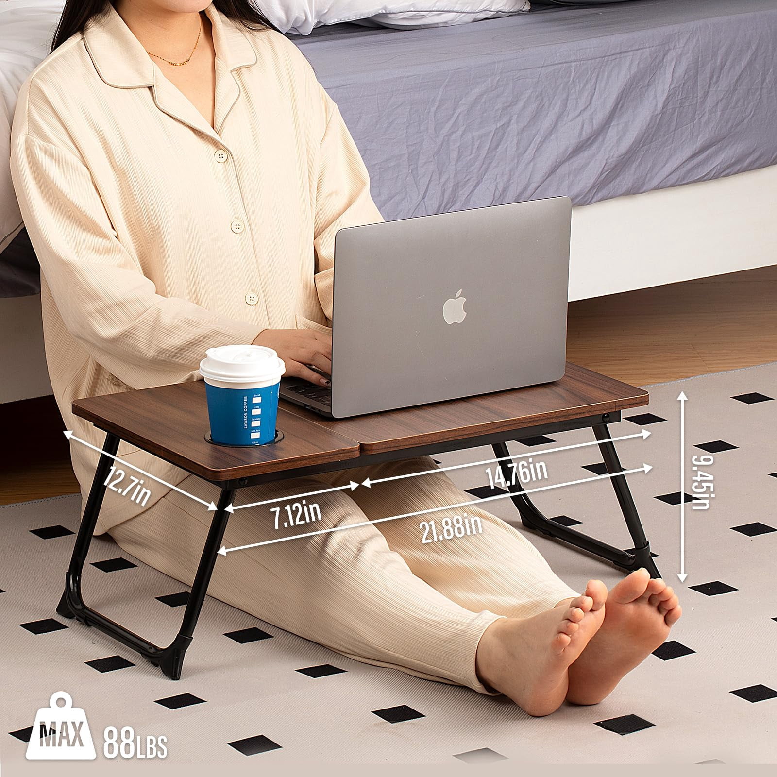 Laptop Desk For Bed Couch  Adjustable Foldable Table With Cup Holder Breakfast Serving Tray Portable Lap Stand Working Reading Writing Eating Gaming In Sofa Floor(darkwalnut)