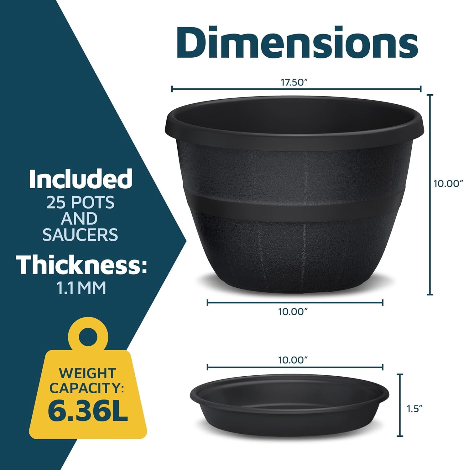 10-Inch Whiskey Barrel Planters Outdoor Pack of 25 - Durable Plastic Plant Pots for Indoor & Outdoor Use with Drainage & Saucer, Lightweight Rustic Barrel Planters for Flowers, Herbs & Small Plants