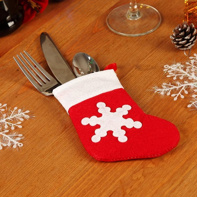 Mini medias navideñas con copos de nieve, porta cubiertos, bolsita para dulces, cuchillo, cuchara, tenedor, bolsa, decoración para medias navideñas, colgante para árbol de Navidad, calcetines navideño
