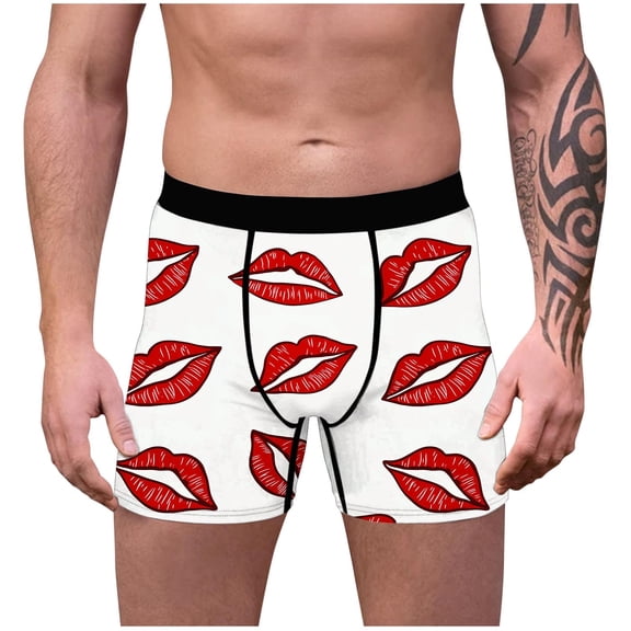 Men's Valentine's Day Heart Print Underwear Comfortable Stretch Boxer Briefs, Festive Soft Underwear