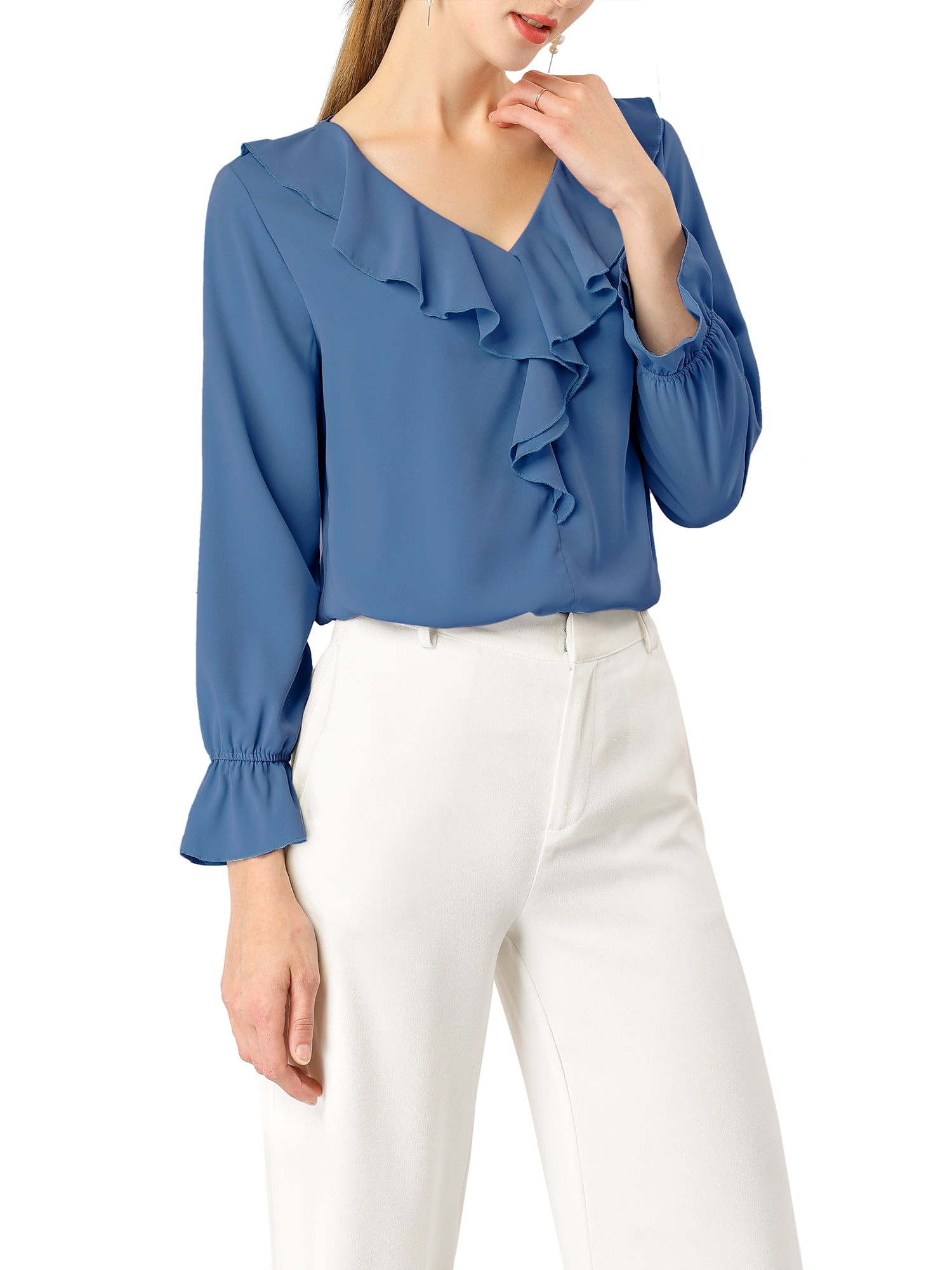 DARING DIVA Women's Ruffle V Neck Chiffon Peasant Blouse L Dusty Blue