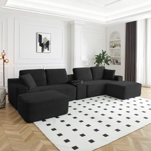 150" Oversized L-Shape Sectional Sofa with Deep Seat, Cup Holders & USB Ports, Corduroy Cloud Couch with Hidden Storage, Black