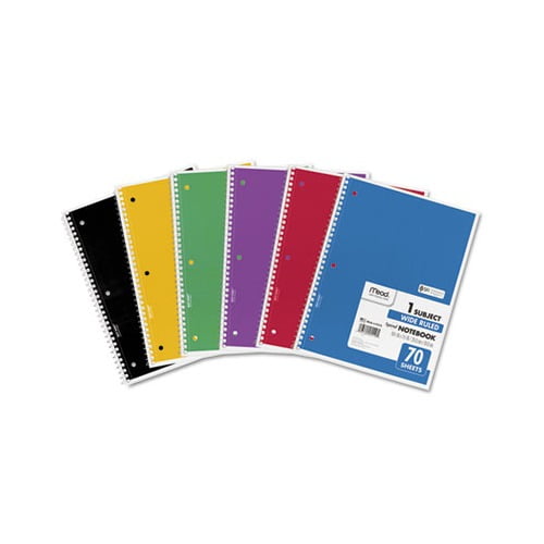 Spiral Notebook 1 Subject, Wide/Legal Rule, Assorted Color Covers, 10.5 x 7.5, 70 Sheets