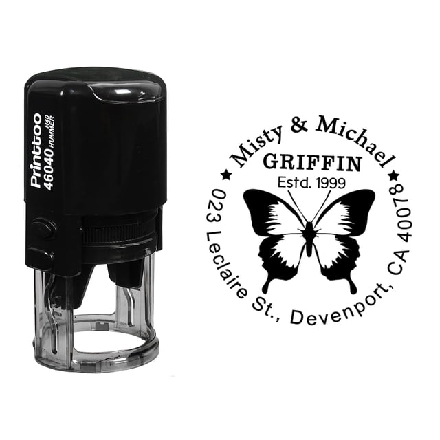 Printtoo Custom Round Butterfly Design Self Inking Return Address Rubber Stamp Personalized Stamper-Black