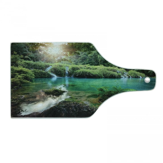 Lake Forest Cutting Board, Guatemala Evergreen Forest and Pure Lake Scenery Meditation Sunrise, Decorative Tempered Glass Cutting and Serving Board, in 3 Sizes, by Ambesonne