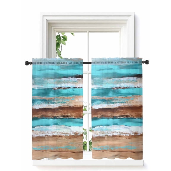 Turquoise Brown Curtains 45 Inch Length,Sheer Curtains for Bedroom Living Room Window Abstract Wood Grain Gradient Stripes Rod Pocket Voile Drapes Kitchen Curtains Small Half Window 42"x45" 2 Panels