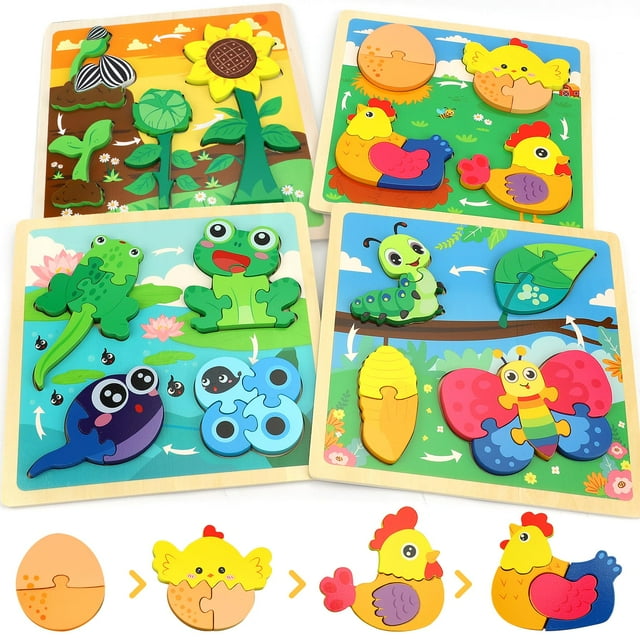 Juguetes Puzzle TOY Life Cycle de madera, paquete de 4 unidades para niños de 1 a 3 años