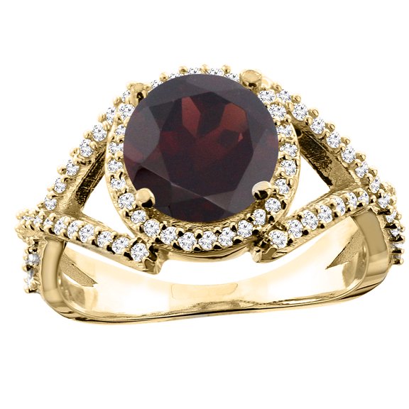 14K Yellow Gold Natural Garnet Ring Round 8mm Diamond Accent, size 7.5
