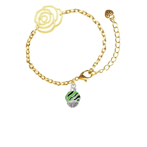 Delight Jewelry Silvertone Wide Lime Green Zebra Print Band Spinner Gold-tone Flower Link Chain Bracelet, 6.75"+2" Extender