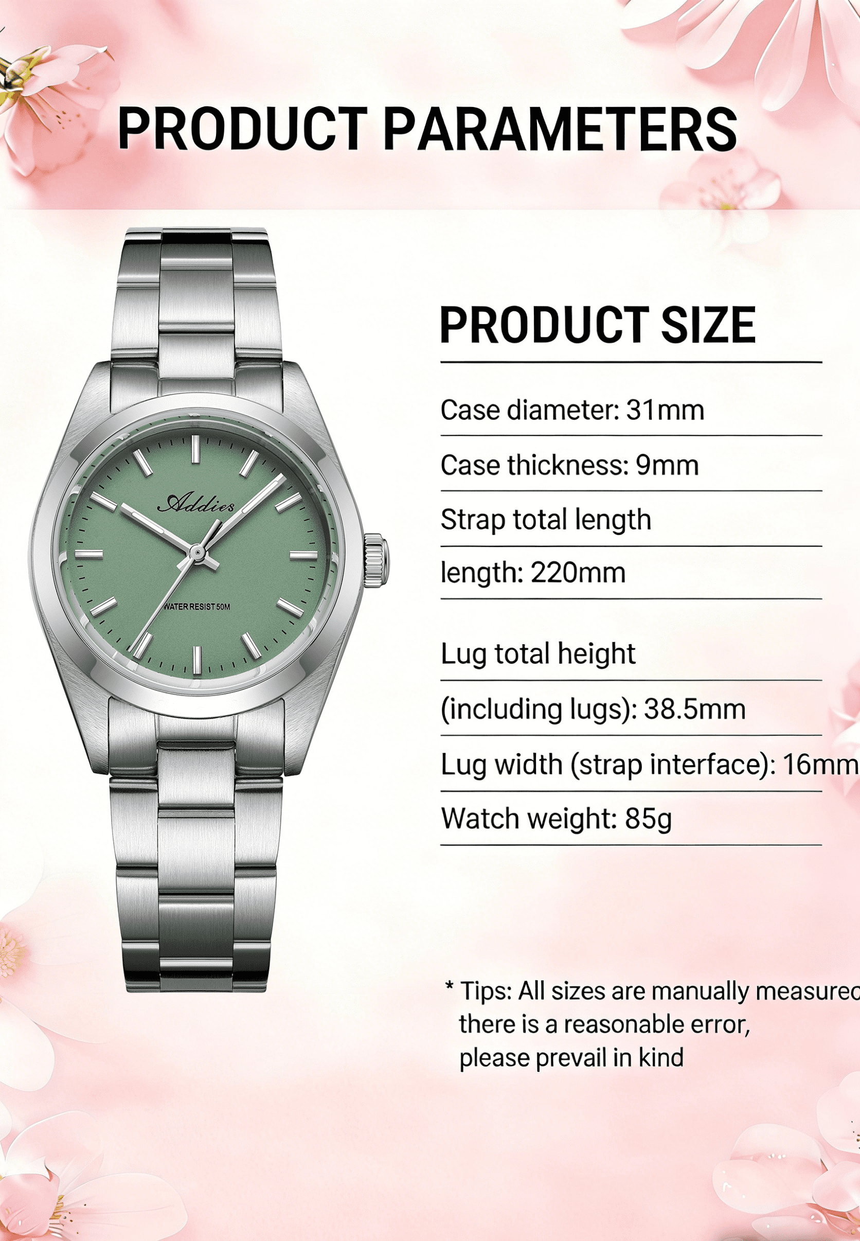ADDIES Womens Watch 31mm Stainless Steel Sapphire Crystal Japanese Quartz BGW9 Lume 50M Waterproof Analog Dress Watch Ladies Gift Birthday