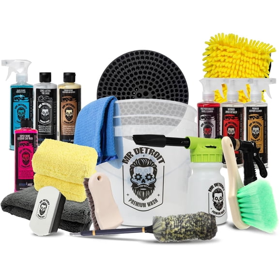 Mr. Detroit - 18pc Car Wash Kit with Foam Blaster, Bucket and Filter, Car Cleaners, Leather Conditioner, Towels, Wash Glove, Brush, Sponge Pads, Exterior and Interior Detailing for Vehicles