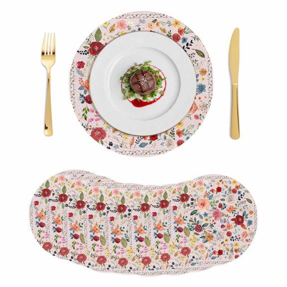 Pink Flowers Round 15 Inch Placemats Set of 8, Spring Farmhouse Floral Leaves Vintage HeatResistant Non Slip Place Mats for Dining Table, Wipeable Braided Kitchen Table Mats for Housewarming