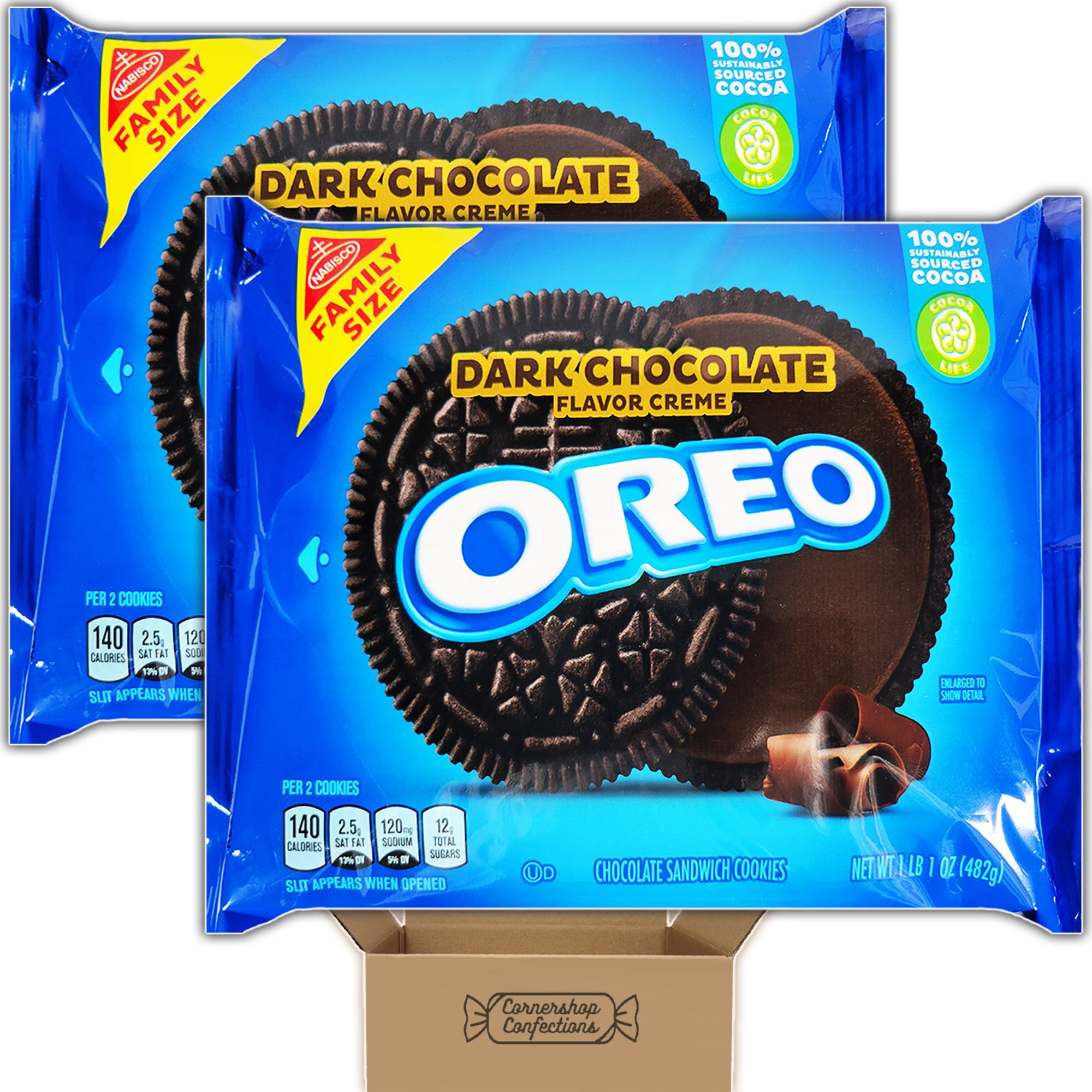 Family Size Dark Chocolate Oreo Bulk Pack - 2 Individually Sealed 17 Ounce Trays - 100% Sustainably Sourced Cocoa - On The Go Snacks, Lunches, Movies in Cornershop Confections Pack