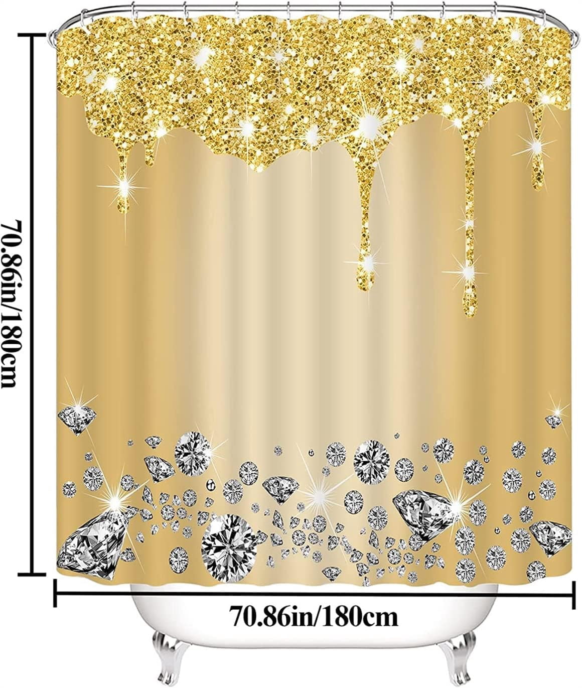 4PCS Bling Diamond Shower Curtain Set with Non-Slip Rugs Toilet Lid Cover and Bath Mat Shower Curtain with 12 Hooks Bathroom Sets with Shower Curtain and Rugs and Accessories