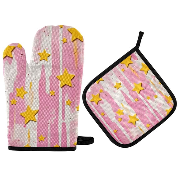 Yayeee Oven Mitts and Pot Holder Set of 2 Heat Resistant Kitchen Gloves Baking Hot Pad, Flat Yellow Stars