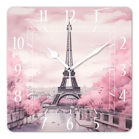 14 Inch Wall Clock Battery Operated Square Clock Decorative for Office, Kitchen, Outdoor, Living Room，Paris Eiffel Tower France Oil Painting Artwork Beautiful