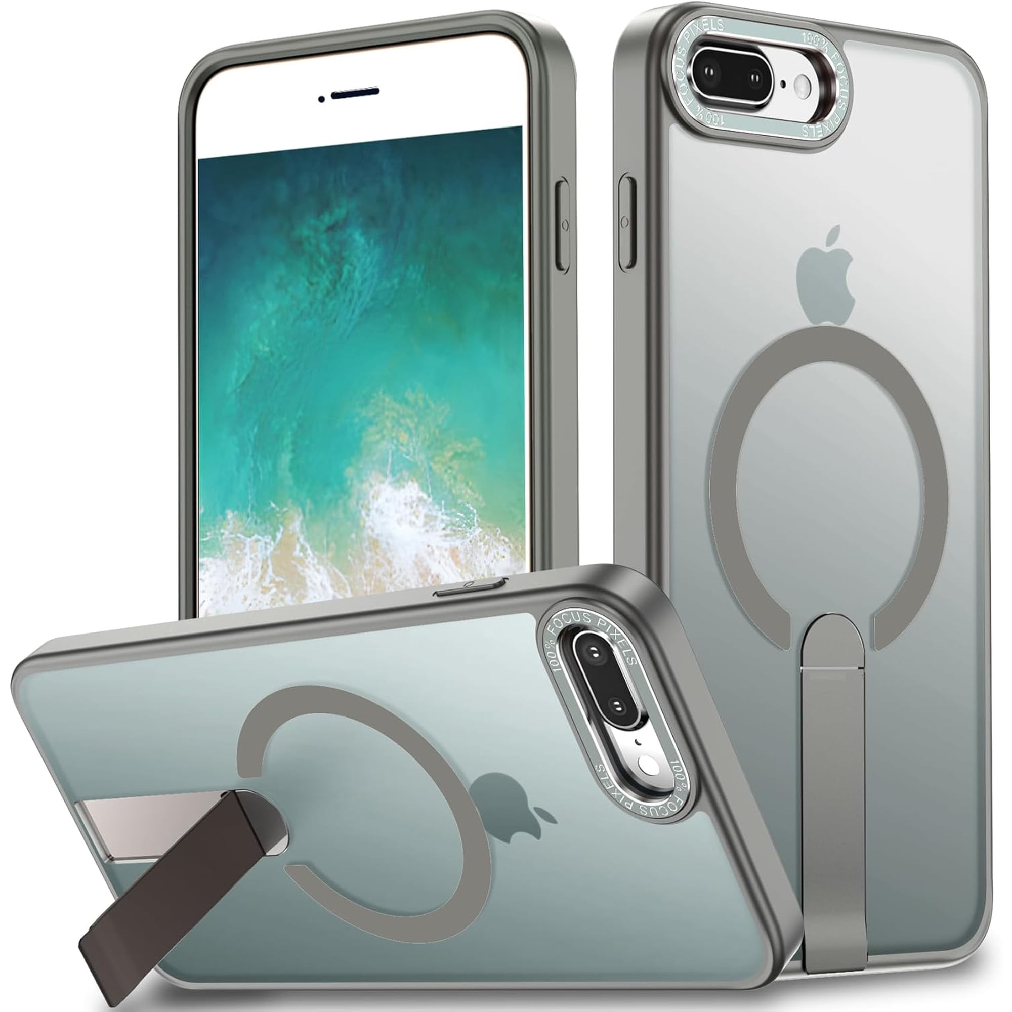 for iPhone 8 Plus Case, for iPhone 7 Plus Case, Built-in Kickstand Magnetic [Compatible with Magsafe] Translucent Protective Shockproof Phone Cover for iPhone 8 Plus/7 Plus 5.5 inch (Gray)