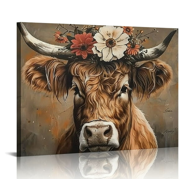 JRXY Coastal Boho Farmhouse Highland Cow Flower Canvas Wall Art - Rustic Country Landscape Longhorn Animal Painting for Living Room Bedroom Kitchen Decor - Floral Artwork Poster 20x16in