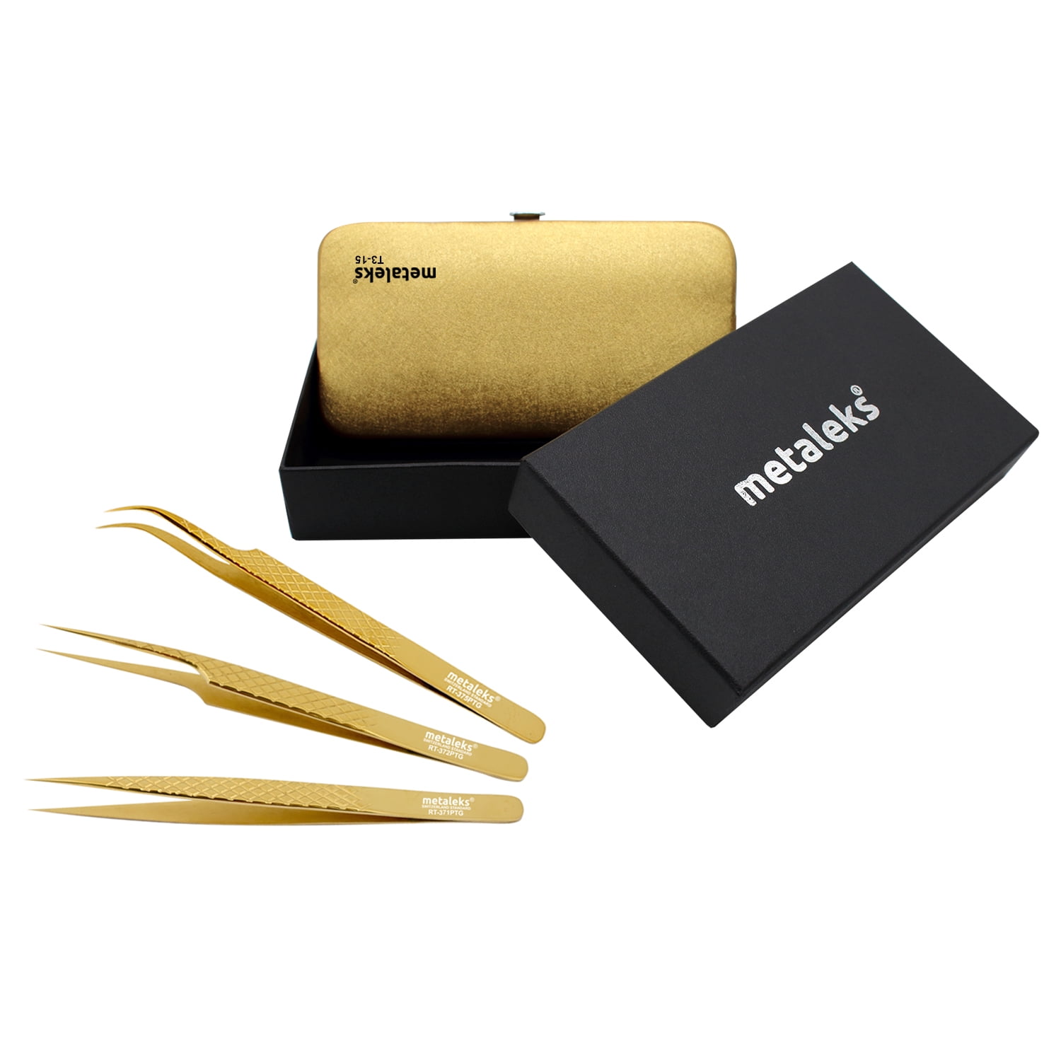 3Pcs Texture Surface Grip Eyelash Extension Tweezers In Japanese Stainless Steel Golden Titanium Coated With Golden Magnetic Kit