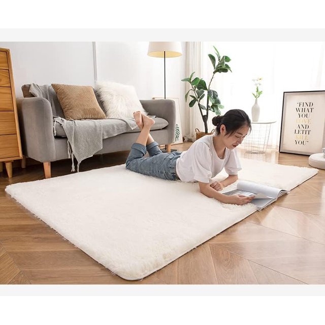 Soft Fluffy Area Rug, Washable Silk-Wool PV Fleece, Non-Slip, Family and pet Friendly Living Room Rug (White,20×32 inch)