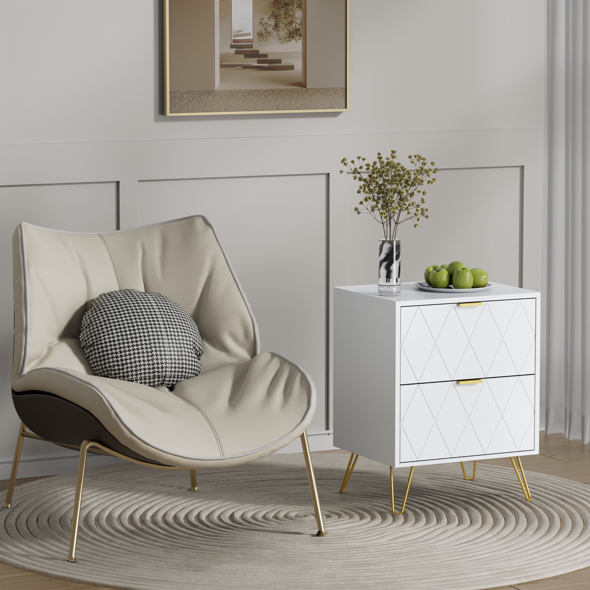 Eclife Set of 2 White Modern Nightstand Bedside Table with Gold